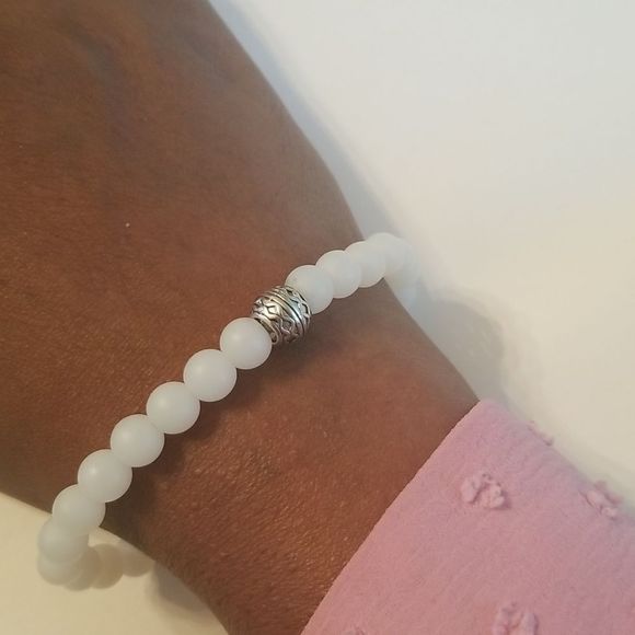 Mens 8" Transparent White Beaded Expansion Bracelet NWOT Custom W/Silverplt Bead - Picture 5 of 5